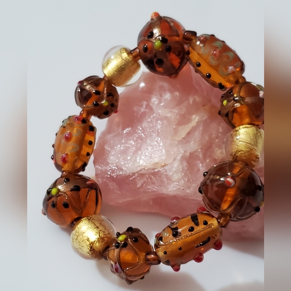 Vintage murano lampwork lamp beads venetian Italy bracelet amber gold foil beads - Picture 5 of 13
